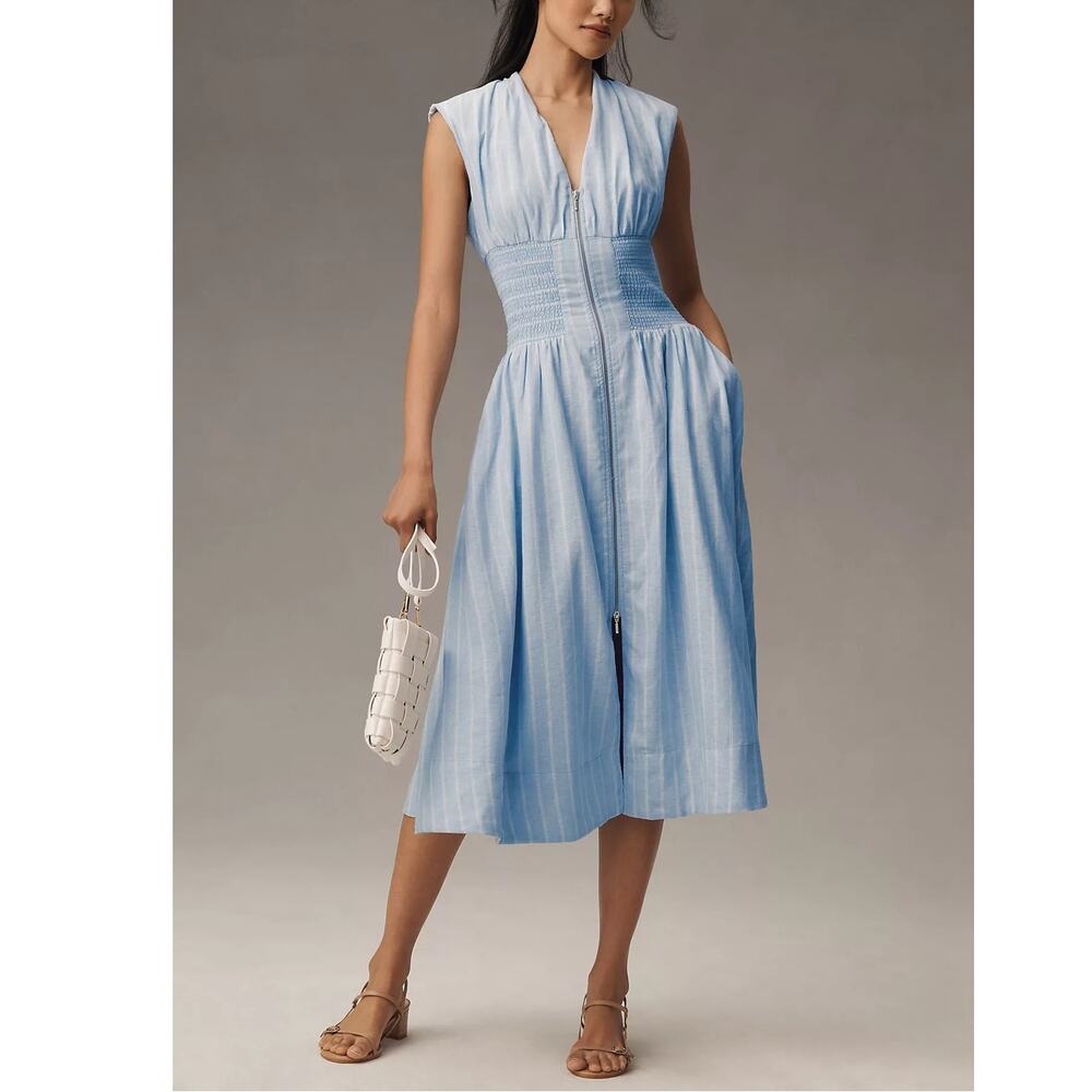By Anthropologie Tommie Linen Shirt Dress Blue NWT Smocked Cap Sleeve Women's M